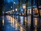 a wet street lined with street lights at night