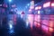 Wet street shrouded in neon reflections, searchlight beams, and smoky haze.