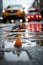 a wet street with a yellow car and orange cones