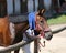 Wet terry cloth cotton towelling on head of a show jumper horse