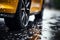 Wet traction Close up of car tires gripping rain soaked pavement