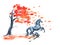 Wet watercolor rearing up horse with ink blots stains autumn tree with red fall leaves on white.