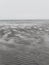 Wet wavy sand on the seashore at low tide on a cloudy day. Gloomy seaside landscape. The harsh nature of the north of Europe,