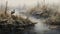 Wetland: A Captivating Painting Of A Bird On A Boat In A Serene Swamp