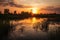 wetlands and marshes, with view of the sunset over a lake