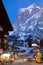 The Wetterhorn mountain, Grindelwald, Switzerland. Photographed at dusk with the sun setting on the mountain.