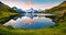 Wetterhorn and Wellhorn peaks reflected in water surface of Bach