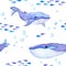 Whale animals. Sea seamless patterns with whales, fishes. Watercolor