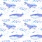 Whale animals. Sea seamless patterns with whales, fishes. Watercolor