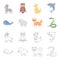 Whale, elephant,snake, fox.Animal set collection icons in cartoon,outline style vector symbol stock illustration web.