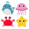 Whale Jellyfish Crab Starfish toy icon set. Big eyes. Yellow star. Cute cartoon kawaii funny baby character. Sea ocean animal