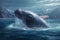 Whale jumping out of the arctic waters with glaciers in the background, representing the beauty and power of nature in the Arctic