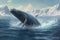 Whale jumping out of the arctic waters with glaciers in the background, representing the beauty and power of nature in the Arctic