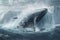 Whale jumping out of the arctic waters with glaciers in the background, representing the beauty and power of nature in the Arctic