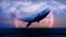 Whale on ocean and beautiful moon at night sky, shooting stars, night fantasy, loop animation background.