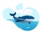Whale in ocean with plastic waste flat concept icon