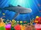 Whale shark cartoon with underwater view and coral background