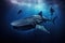 Whale shark and diver in deep blue ocean. 3D rendering, giant Whale shark swimming underwater with scuba divers, AI Generated