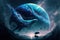 Whale in the sky, Abstract night fantasy landscape with an planet ,an unreal world, a fish, Reflection of moon light, water,