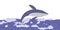 Whale swim and jumping in sea waves. Seascape with playful aquatic animal. Doodle line vector Illustration banner.