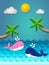 Whale swimming in the sea and coconut tree on the beach with the