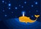 A whale swims in the ocean against a starry sky.