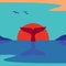 Whale Tail at Ocean Sunrise minimalist flat vector