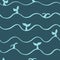 Whale tails in wave stripe repeat pattern. Navy turquoise seamless background print