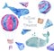 Whale watercolor fantasy whale Balloon and crytstal Follow to Dream flying blue ocean sea deep character drawing illustration geom