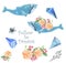 Whale watercolor fantasy whale Flowers and Crytstal Follow to Dream flying blue ocean Bounquet character drawing illustration geom