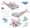 Whale watercolor fatasy whale Flowers and Crytstal Follow to Dream flying blue Bounquet sea deep character drawing illustration ge