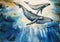 Whales big humpback with baby cub whale on dramatic underwater background watercolor art. Original illustration of