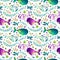 Whales and fishes,  underwater seamless pattern