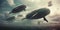 Whales float through the sky like airships , concept of Fantasy, created with Generative AI technology
