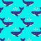 Whales with fountains are marine animals. Seamless pattern with cute blue whales on a light blue background. Vector seamless backg