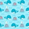 Whales seamless pattern. Cute marine animals happy orca, blue whale, childish fabric print, wrapping or textile