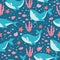 Whales seamless pattern. Funny sea animals happy orca, blue whale, kids nautical fabric print, underwater boy wallpaper