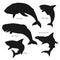 Whales and sharks, ocean predator silhouettes