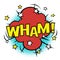 WHAM! phrase in speech bubble. Comic sound. Vector bubble icon speech phrase. Comics book balloon. Halftone background