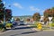 Whangamata, New Zealand, in summer, with pohutukawa trees blooming on Port Road