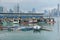 Wharf boats fishing harbor Panama city skyscrapers