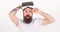 What benefits of virtual reality headset. Man bearded hipster with virtual reality headset on white background isolated