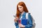 What is that. Confused and displesaed. intense troubled redhead teenage, college girl with backpack and notebooks