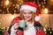 What a great morning. happy new year. Christmas. girl santa hat milk cup. xmas mood. Woman drink cocoa. Cheerful woman