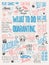 What to do in quarantine, typography hand lettering poster design, blue and pink. List of activities at home, flat vector