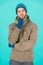 What weather is it today. guy wear warm clothes. male knitwear fashion. men knitted cloth and accessory. male blue