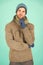 What weather is it today. guy wear warm clothes. male knitwear fashion. men knitted cloth and accessory. male blue