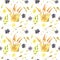 Whatercolor floral seamlees pattern with wicker basket with spikelets of wheat, flax flowers, and leaves on white background.