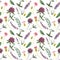 Whatercolor seamlees pattern with wild clovers, lupines and leaf