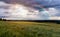 Wheat agriculture field with trees and distant hill, cloudy sky, rainbow and sun. Czech summer landscape